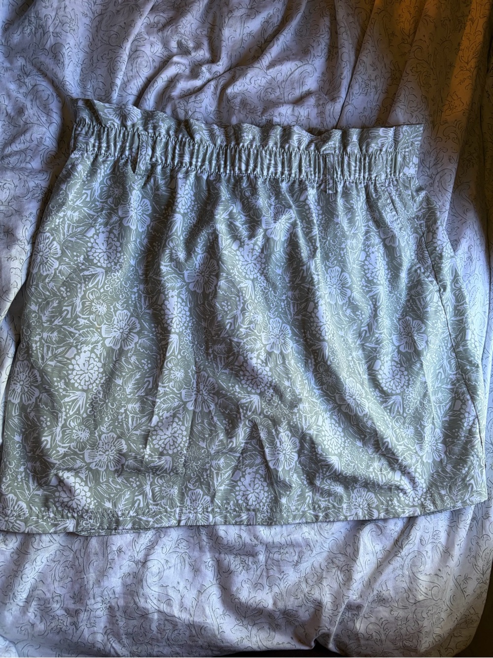 Light Green Floral Elastic-Waist Skirt